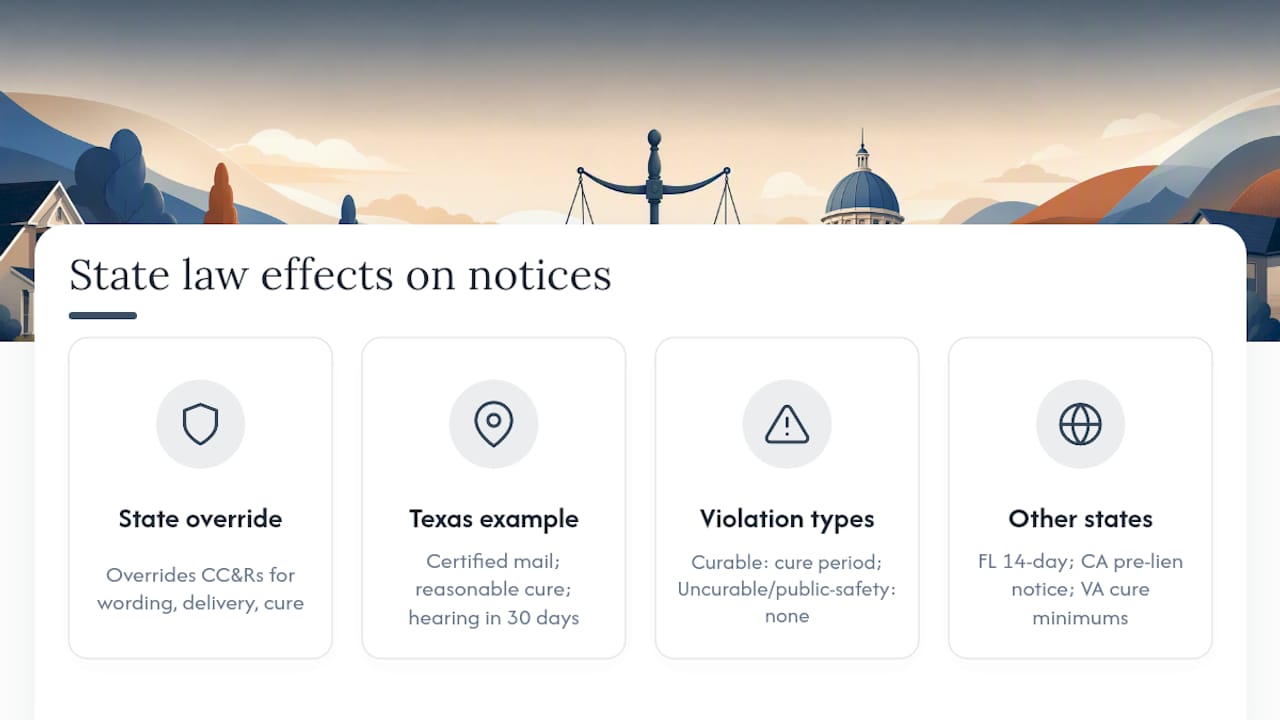 3. How state law changes notice wording, delivery, and cure periods — overview diagram