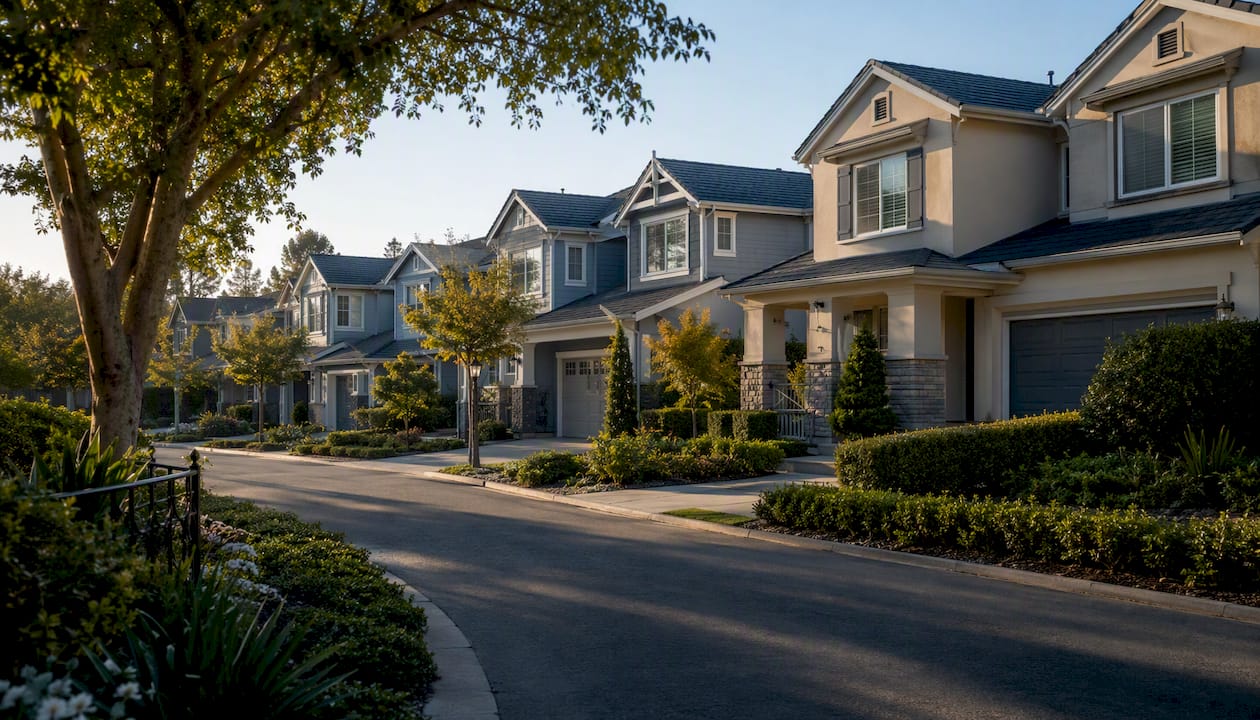 Suburban community street with homes