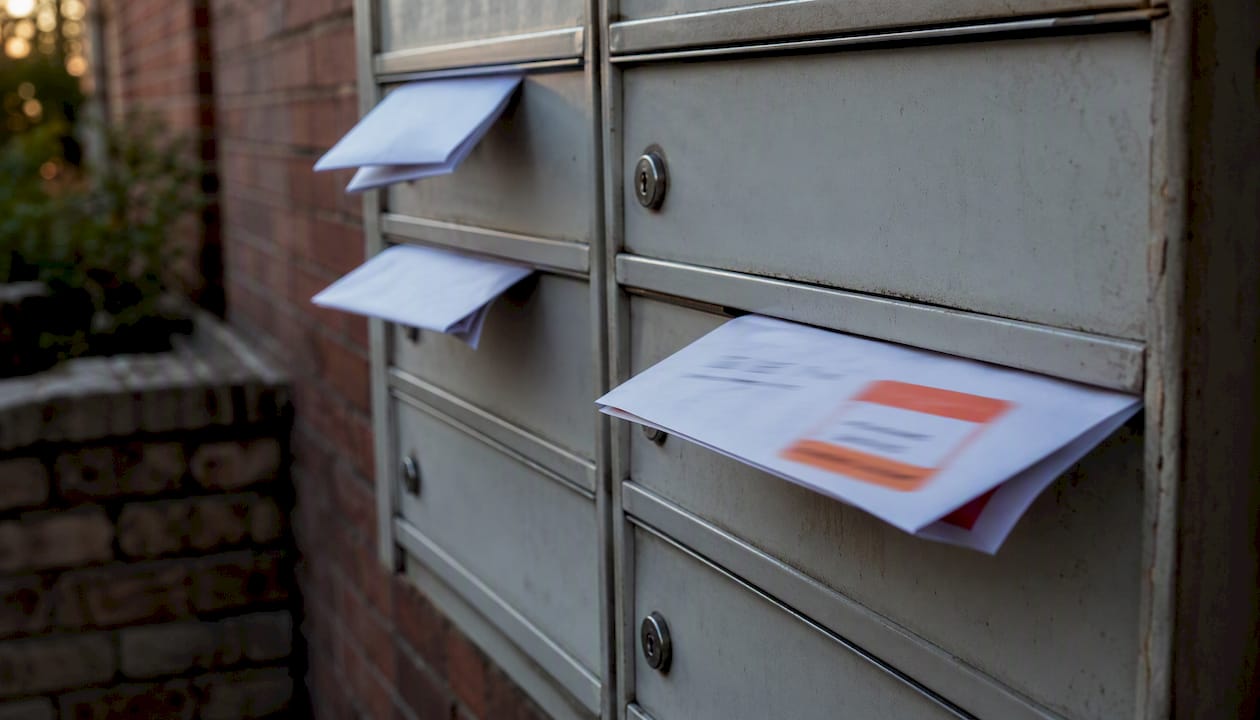 Close-up of mailbox with overdue notices