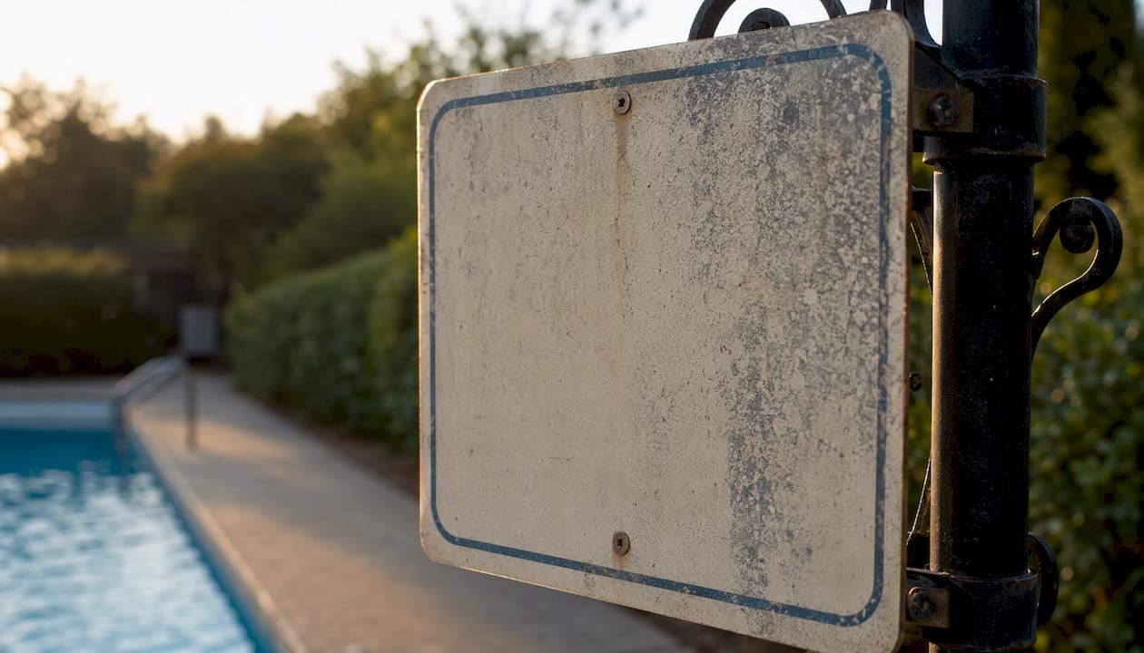Weathered pool rules sign close-up with pool background