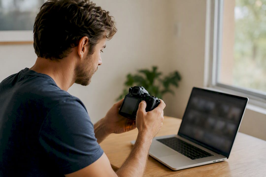Hand holding camera near laptop showing photo archive