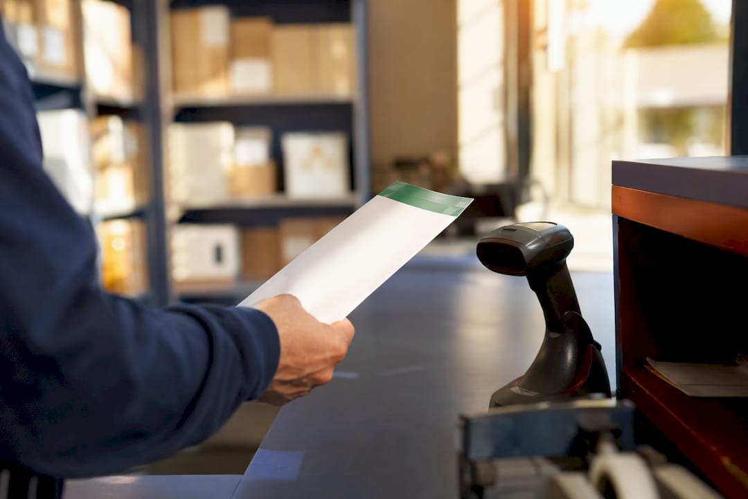 Postal clerk scanning certified mail package barcode