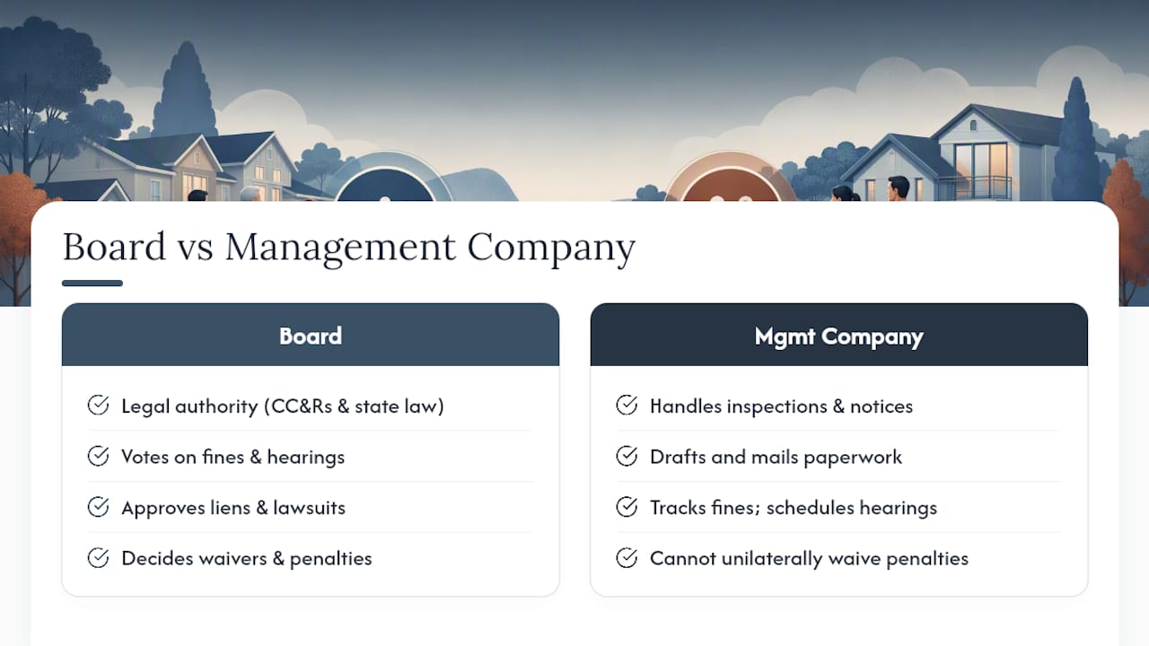Who Actually Enforces HOA Rules: The Board vs. the Management Company — overview diagram