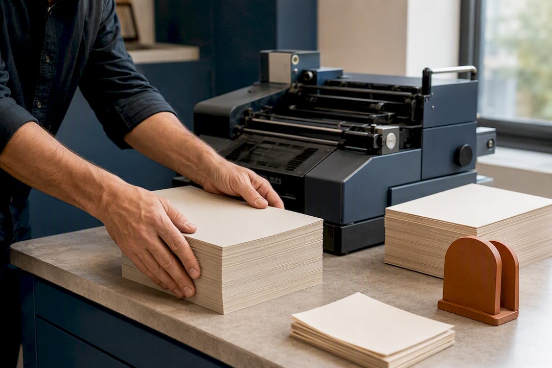 Recycled paper stock beside commercial printing equipment