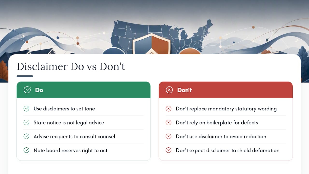 What Legal Disclaimers Can and Cannot Do in HOA Correspondence — overview diagram