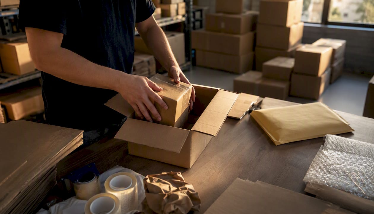Hands sealing parcel at warehouse packing station
