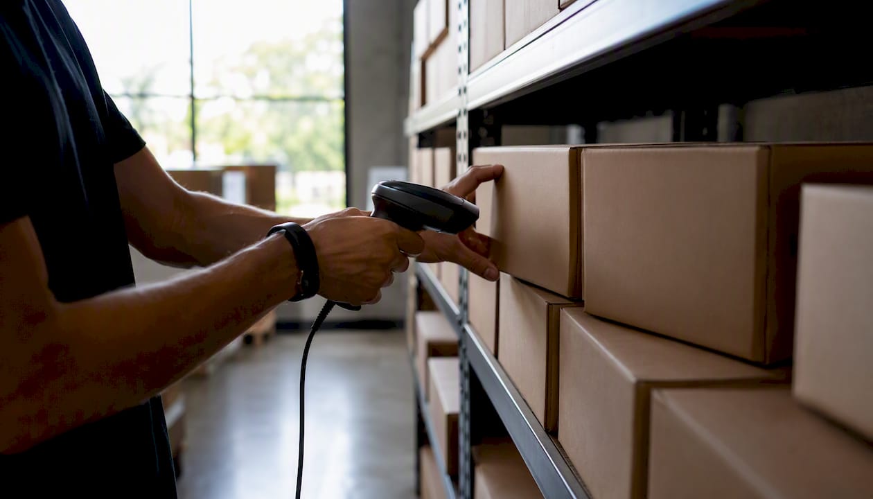 Hand scanning inventory box in warehouse