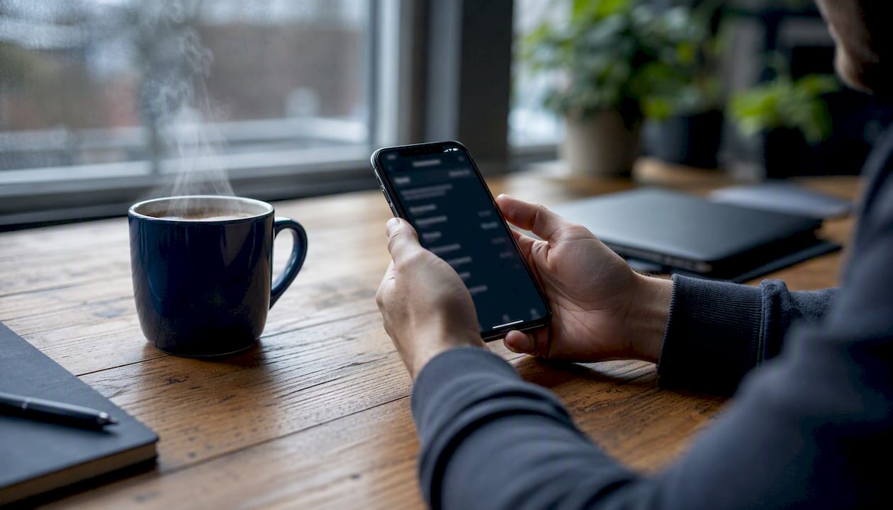 Hands holding phone checking amazon seller app