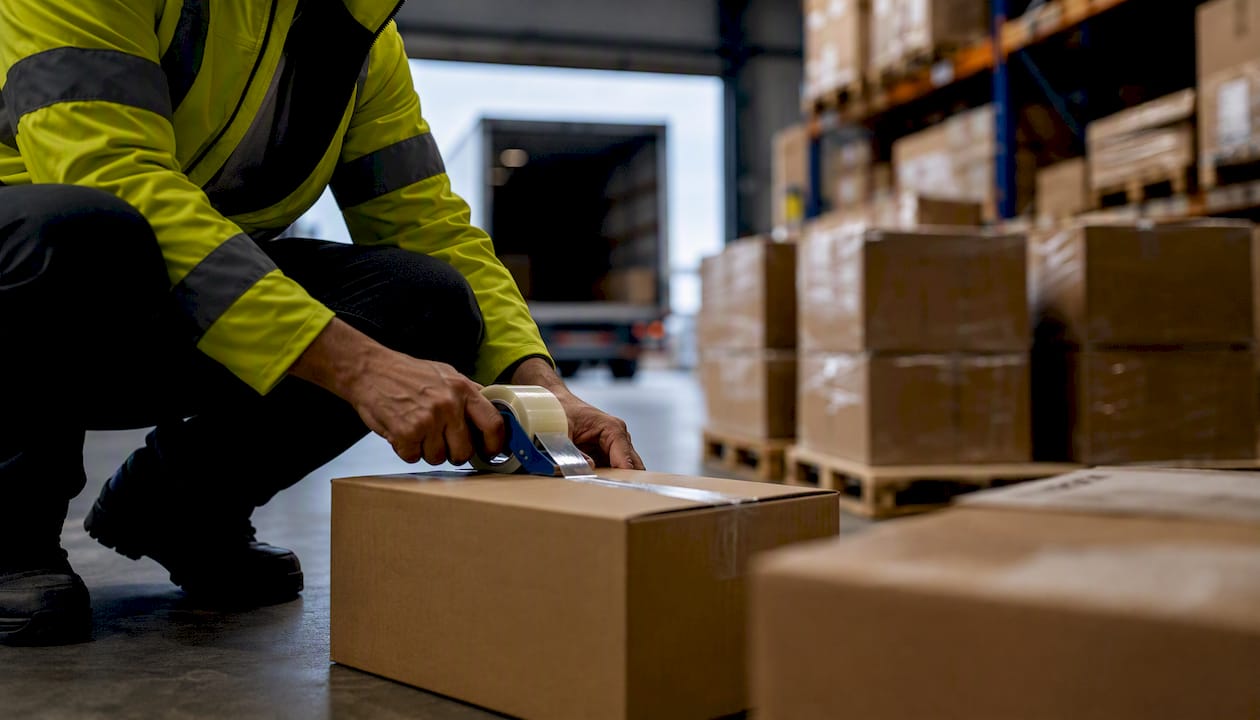 Hands handling inbound shipment boxes