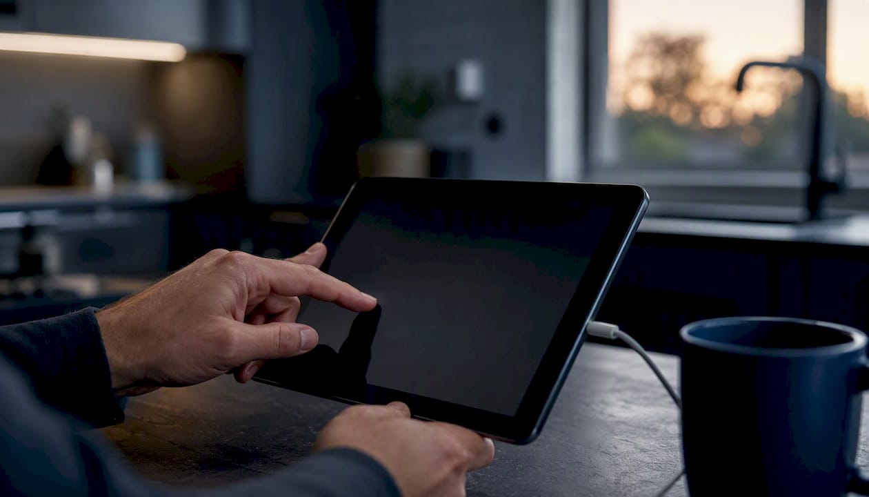 Hands interacting with dark tablet device