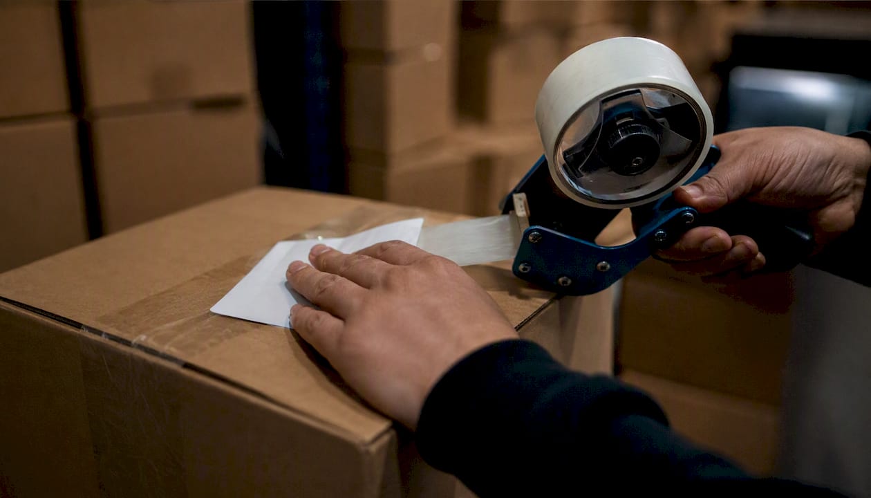 Hands labeling warehouse packages for audit