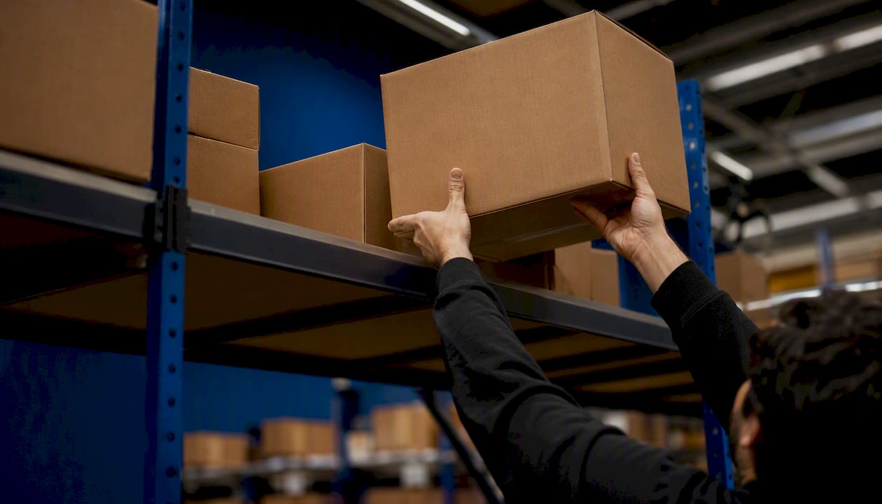 Hands stocking boxes on warehouse shelf