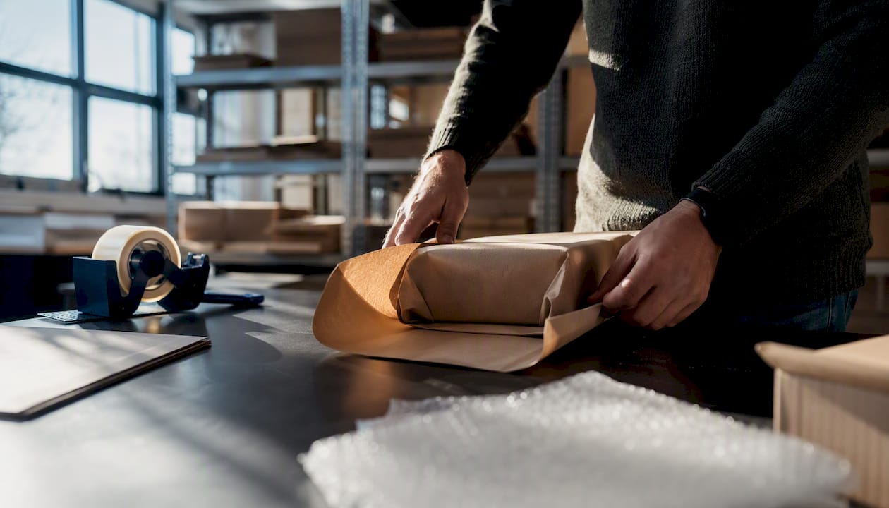 Hands sealing parcel box in warehouse