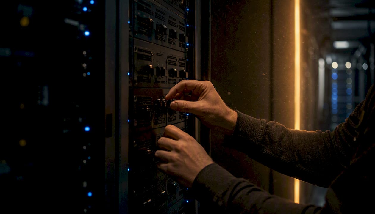 Hands toggling switches on server hardware