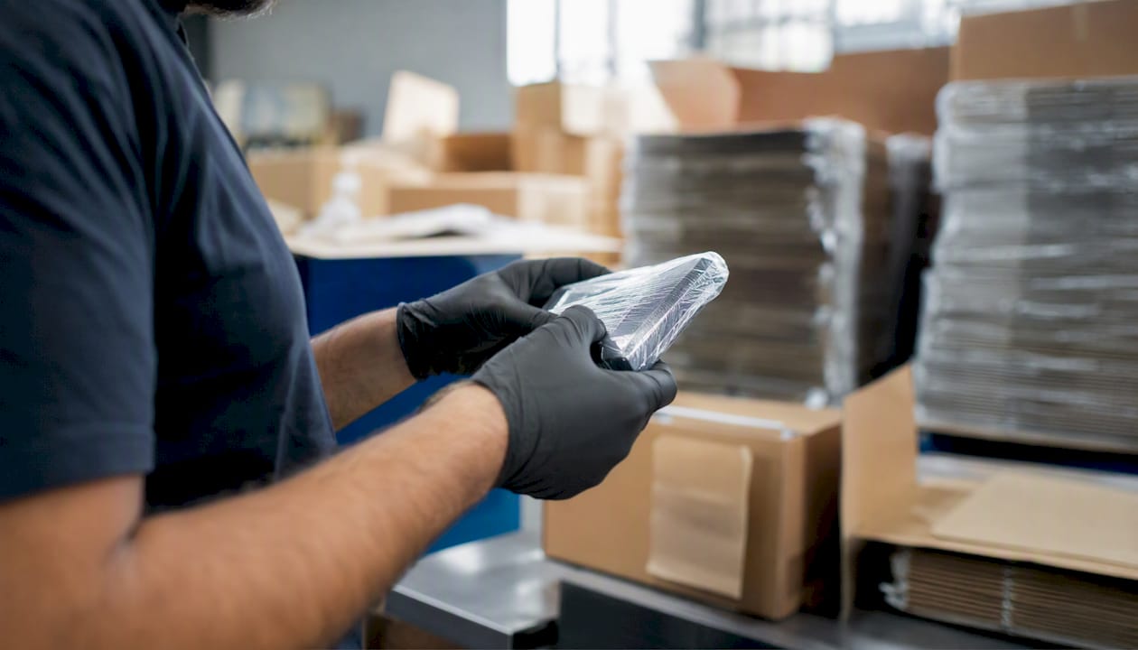 Hands checking product packaging quality