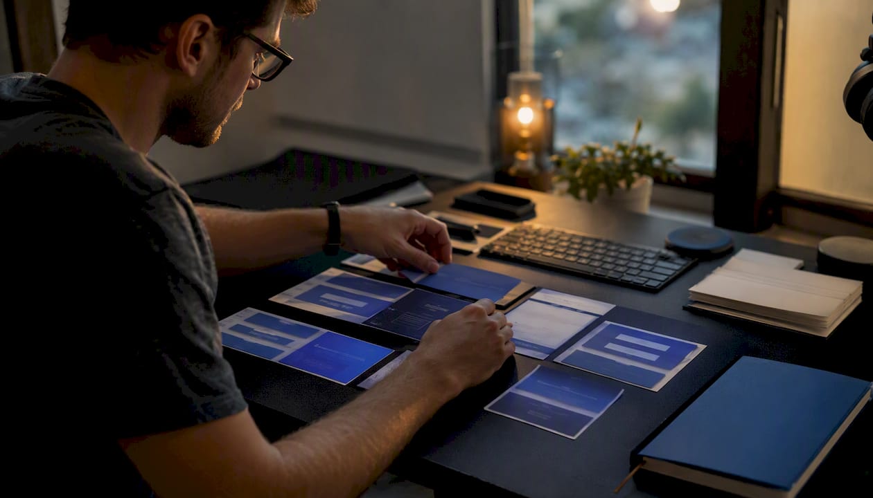 Hands assembling A+ Content modules layout