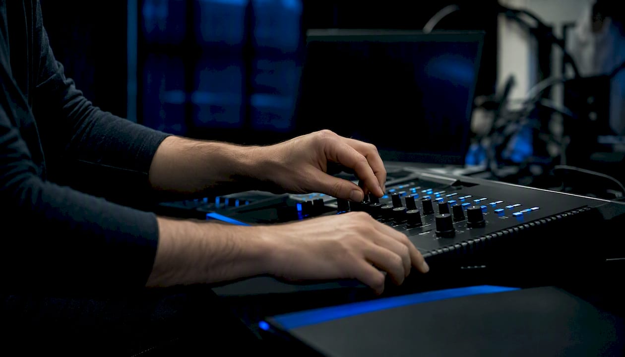 Hands adjusting controls on tech panel