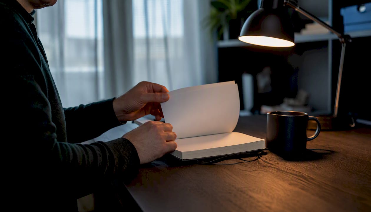 Person marking weekly planner on dark desk