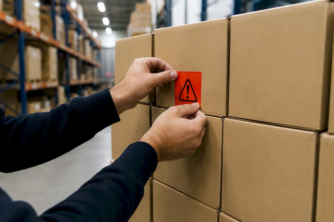 Hands marking aged inventory in warehouse