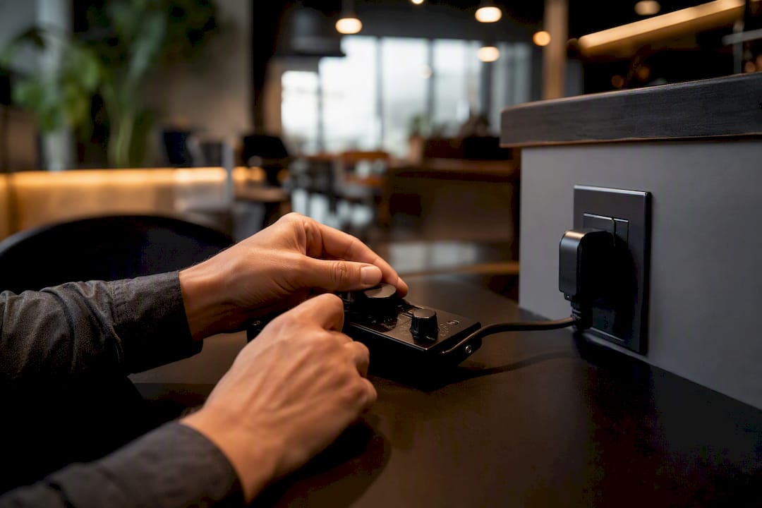 Hands adjusting digital controls on desk