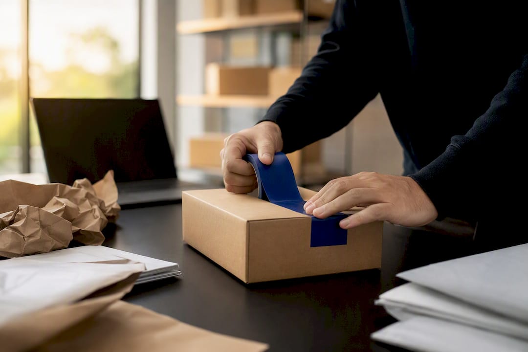 Hands sealing shipping box with packing materials