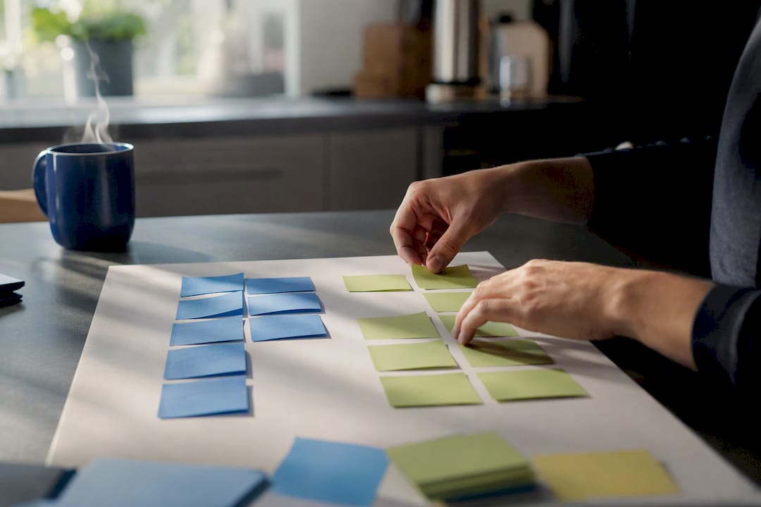 Hands arranging keyword tiles on board