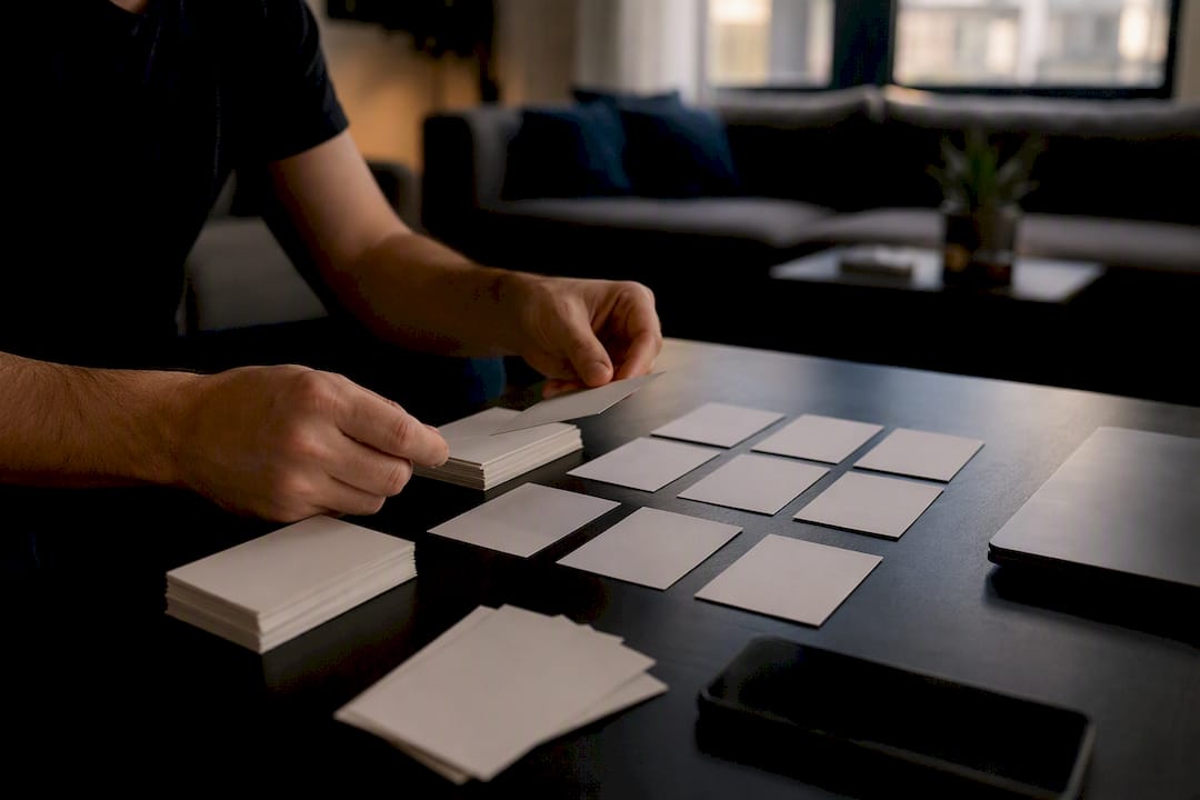 Hands arranging keyword tiles on desk