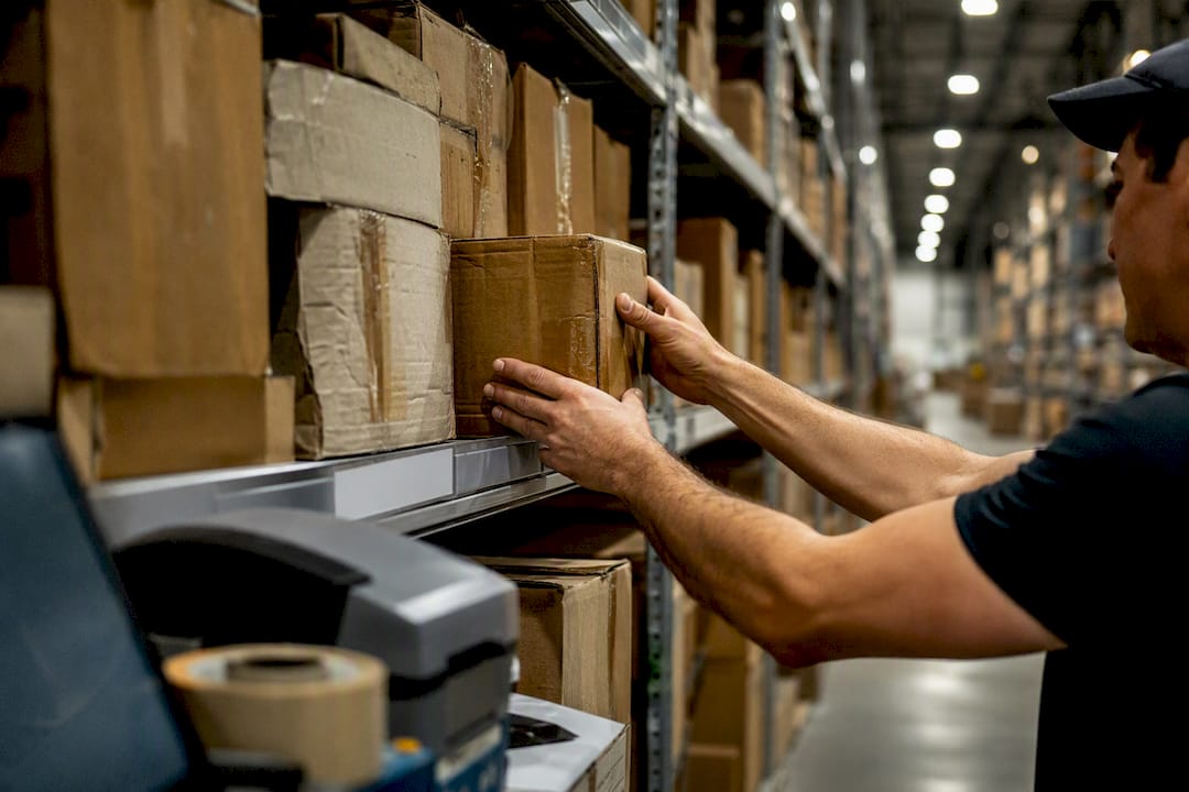 Hands placing worn boxes on warehouse shelf