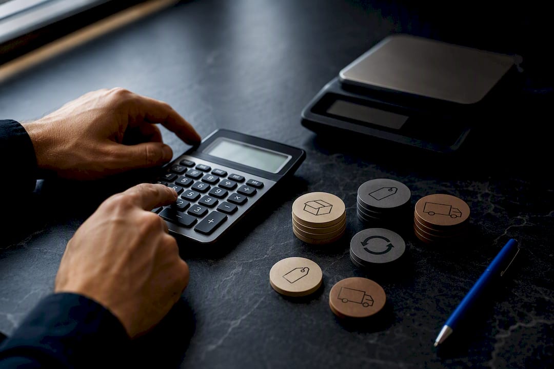Calculator beside Amazon pricing cost components