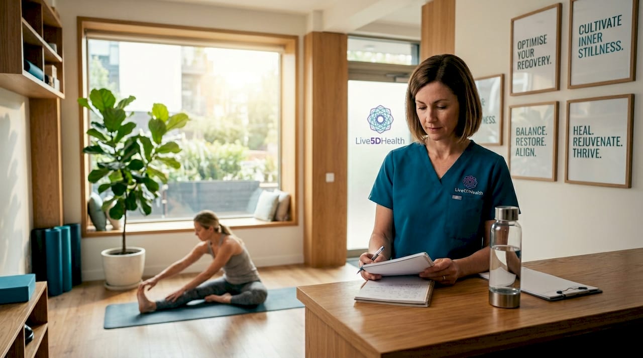 Therapist reviewing notes in sports recovery room