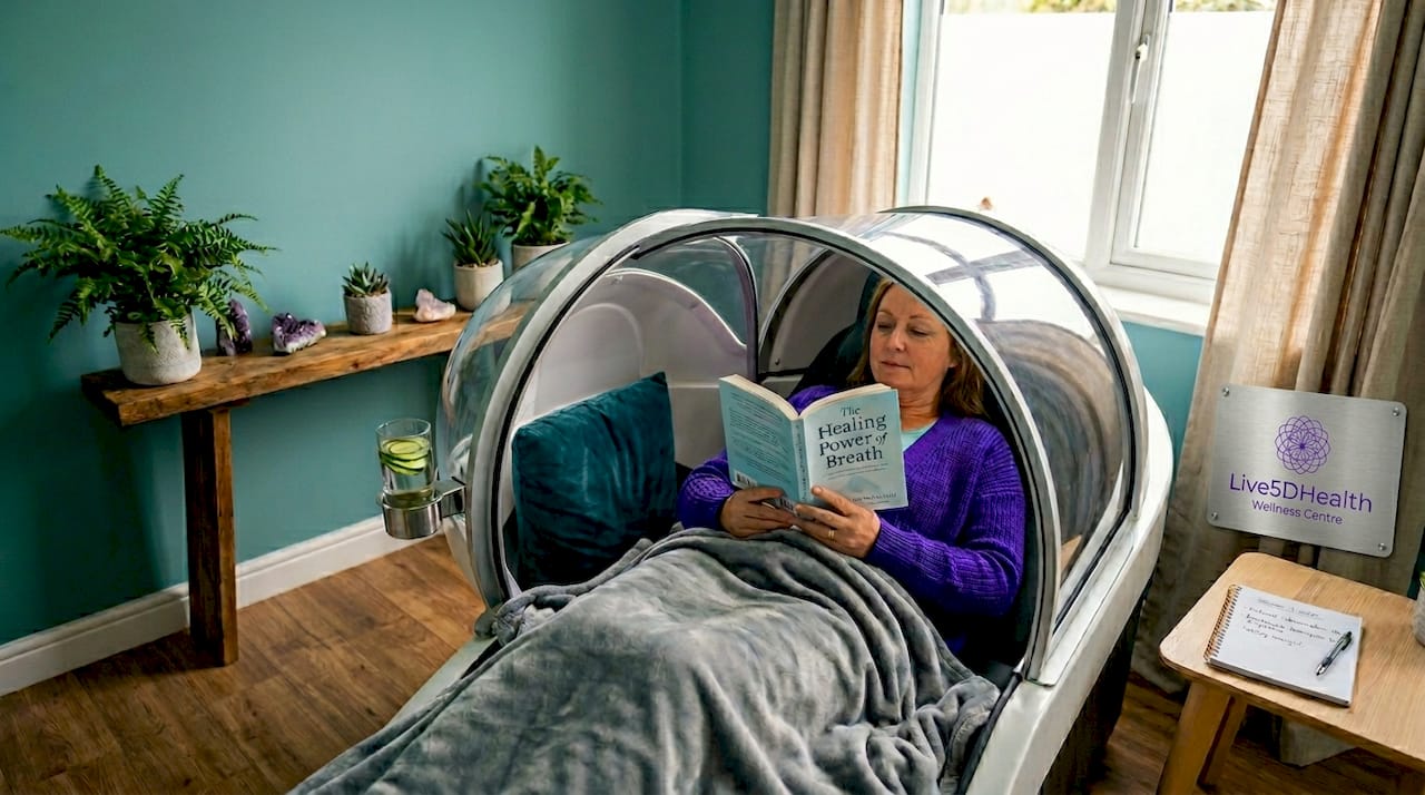 Woman relaxing inside oxygen therapy chamber