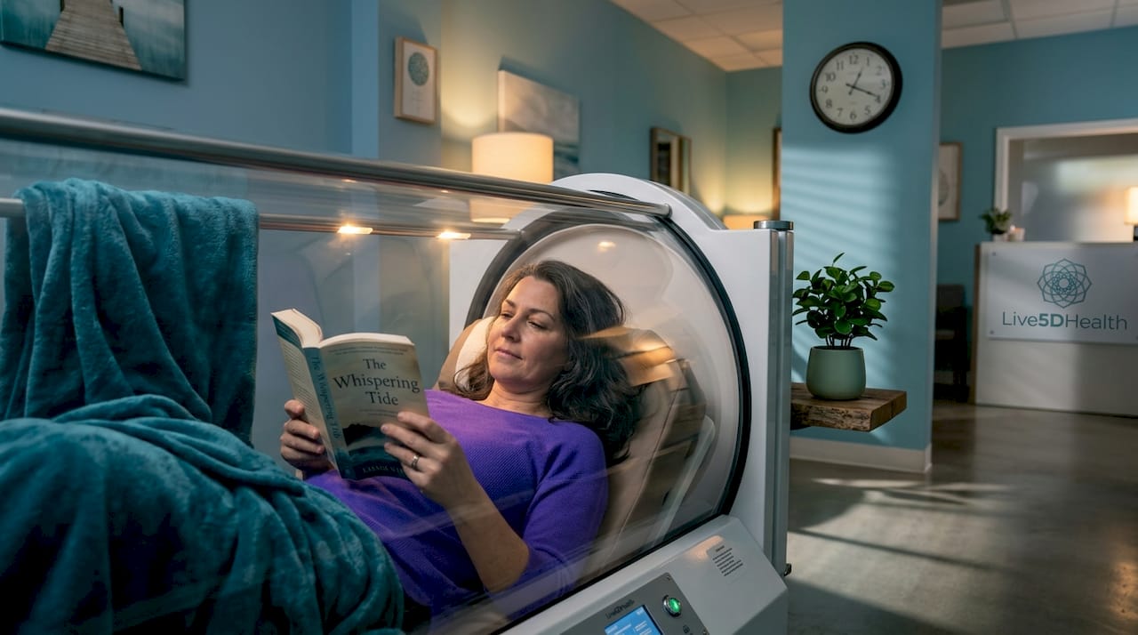 Patient reading inside monoplace hyperbaric chamber
