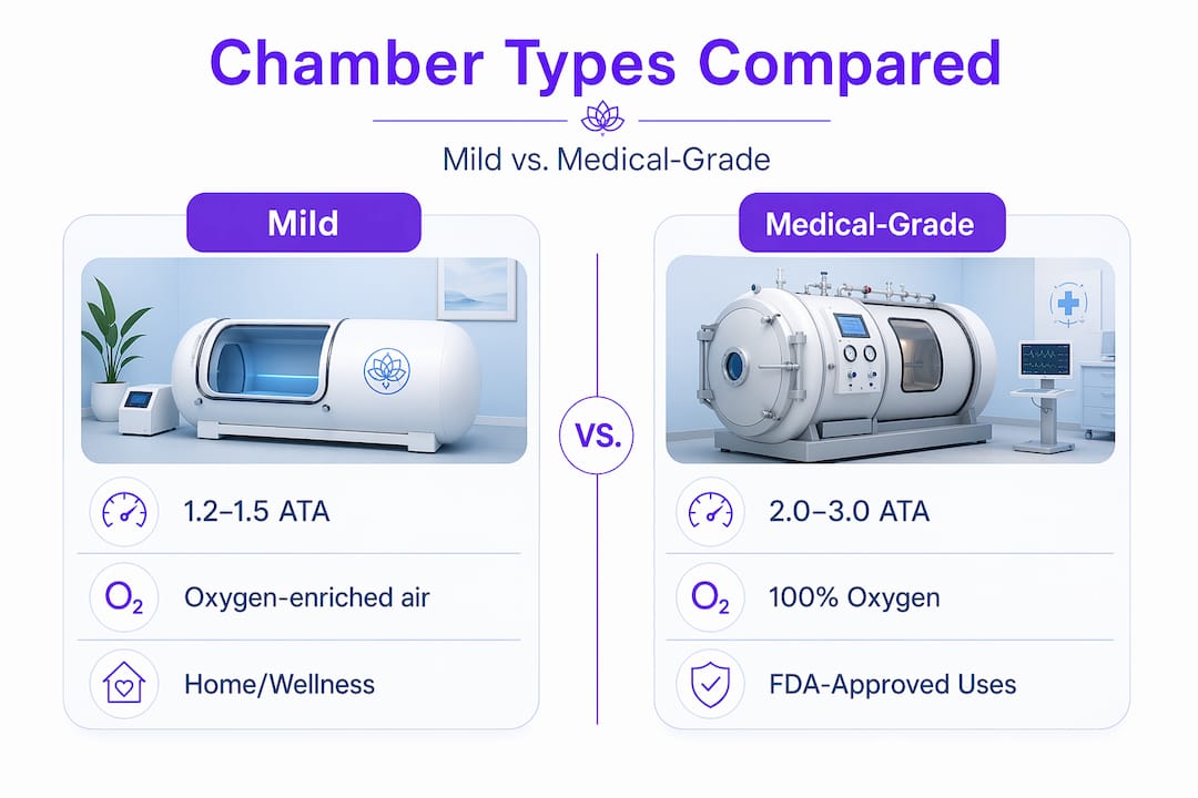 Infographic comparing mild and medical-grade hyperbaric chambers