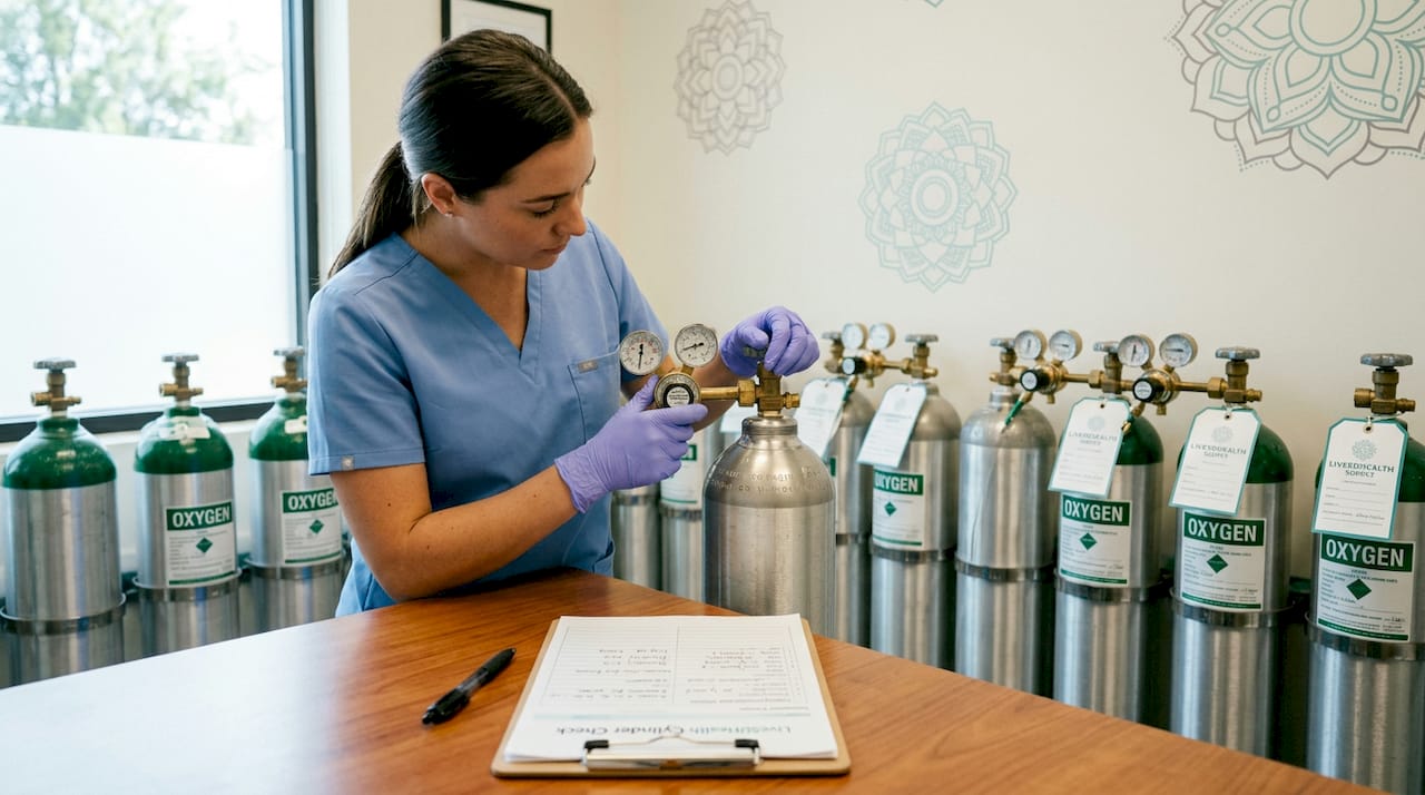Technician inspecting oxygen gas cylinders