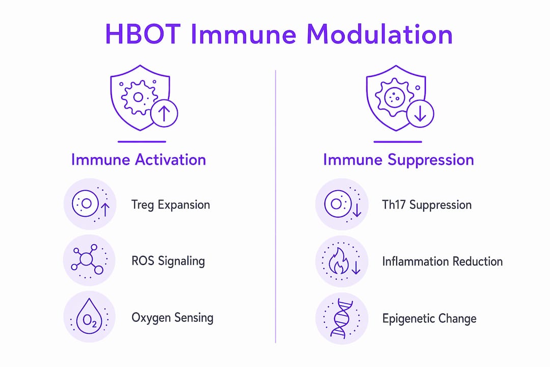 Infographic showing immune activation and suppression by HBOT