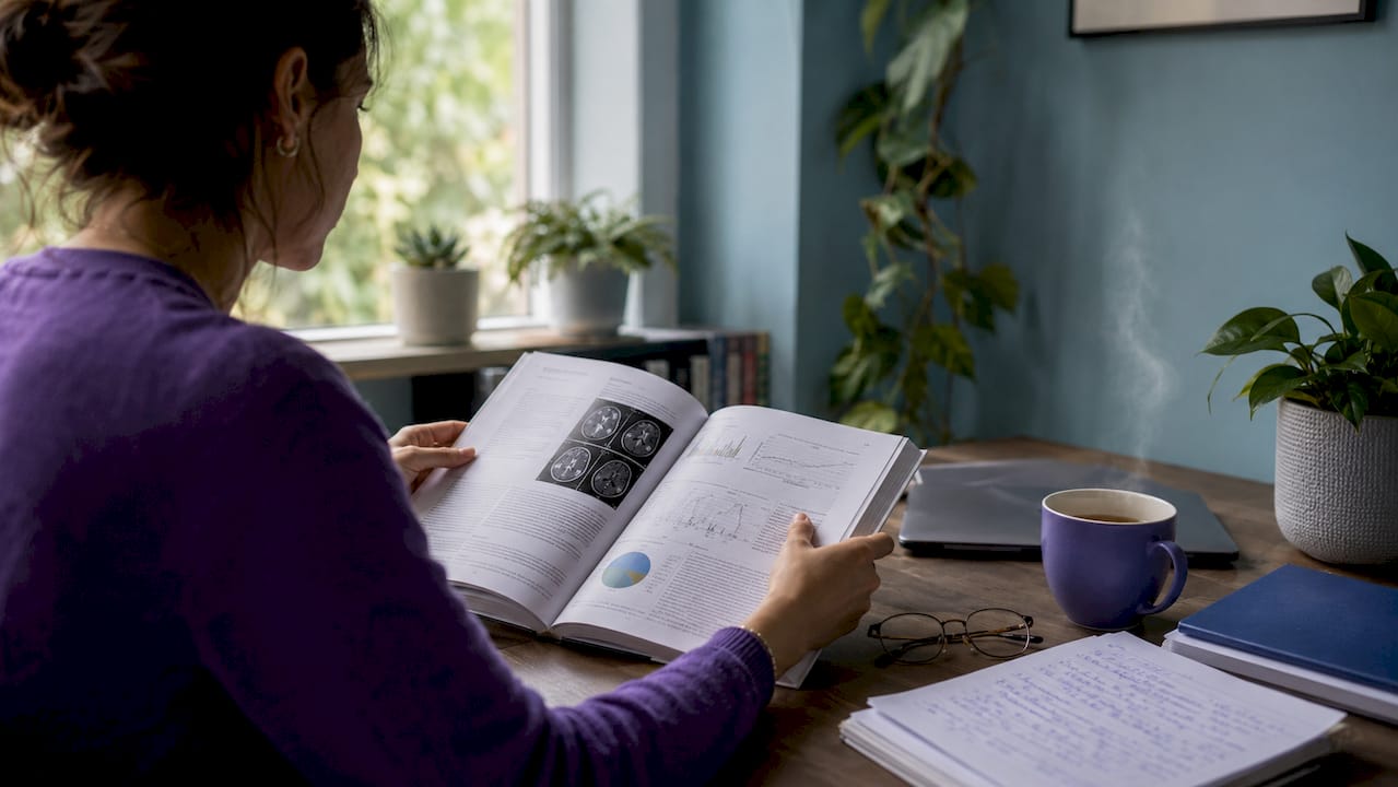 Researcher reviewing MS scientific journals