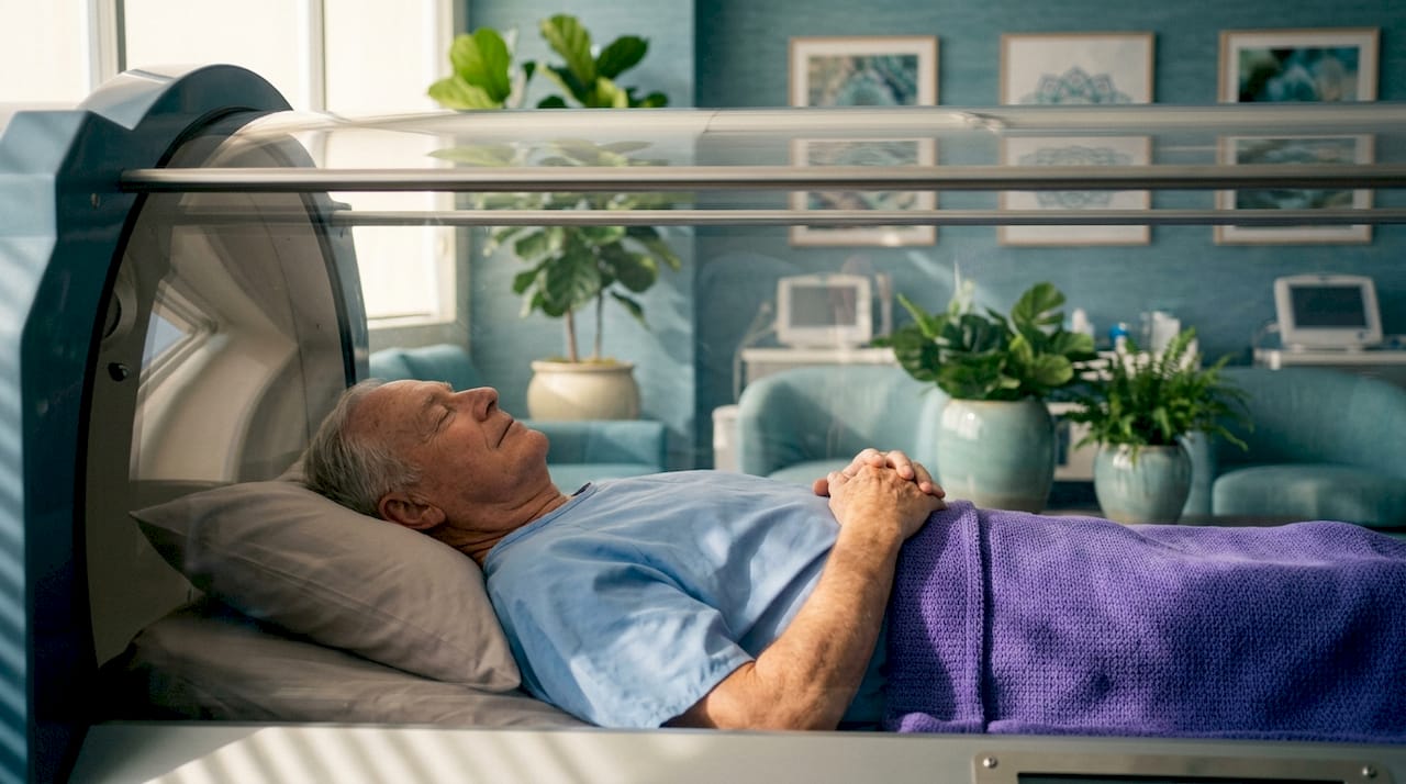 Patient lying calmly inside monoplace hyperbaric chamber