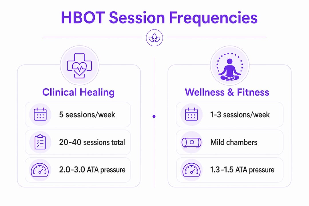 Infographic comparing HBOT session frequencies for clinical healing and wellness