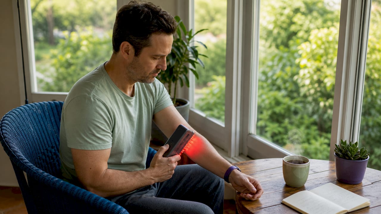 Man using red light therapy device at home