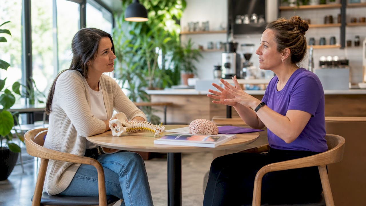 Physiotherapist educating patient on pain neuroscience