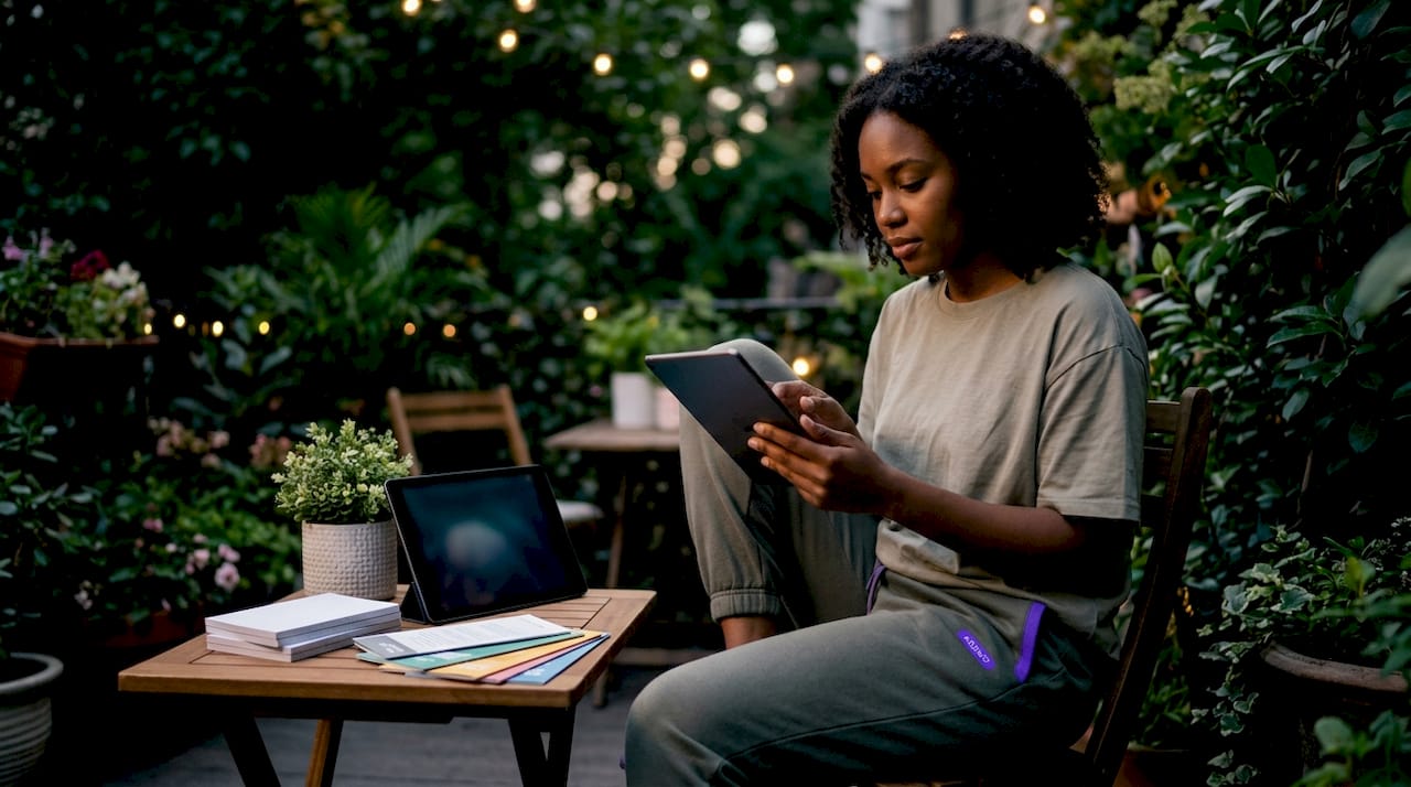 Woman researching cancer therapies on tablet at home