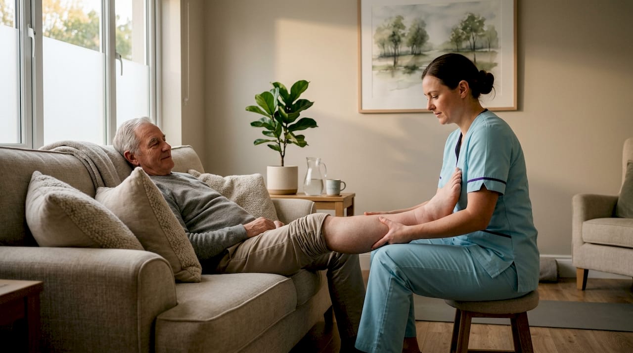 Therapist caring for patient with leg swelling