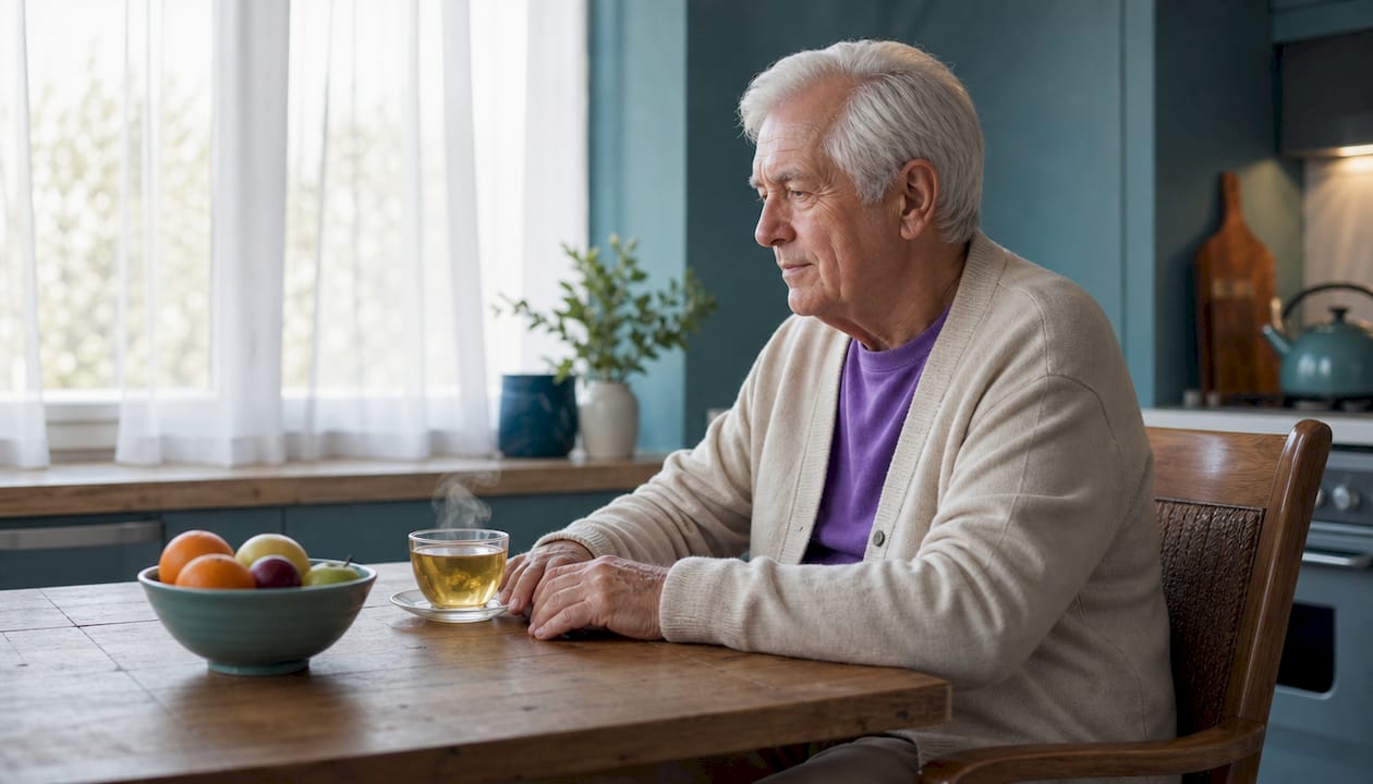 Elderly man reflecting indoors