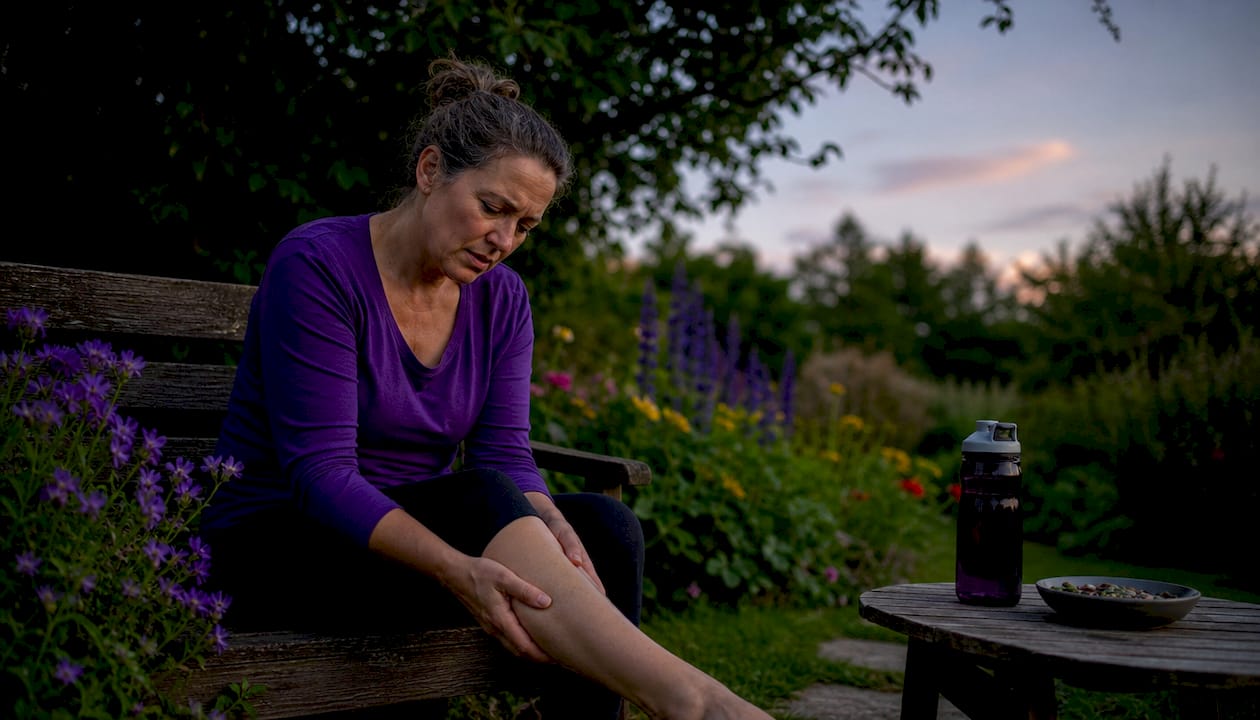 Woman massaging leg muscle at home