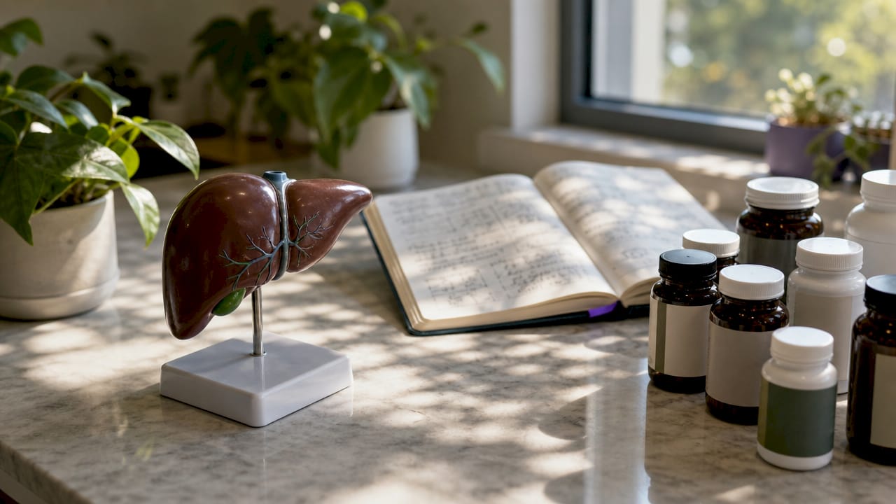 Liver model with detox supplement bottles