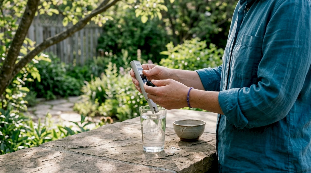 Hands holding ORP meter measuring water quality indoors