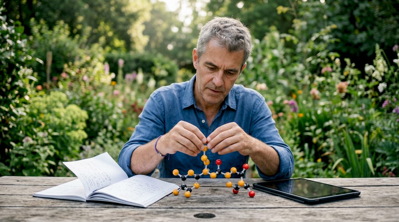 Researcher assembling curcumin molecular model in lab