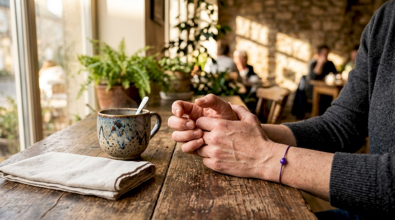 Close-up of hands showing anxiety signs on desk