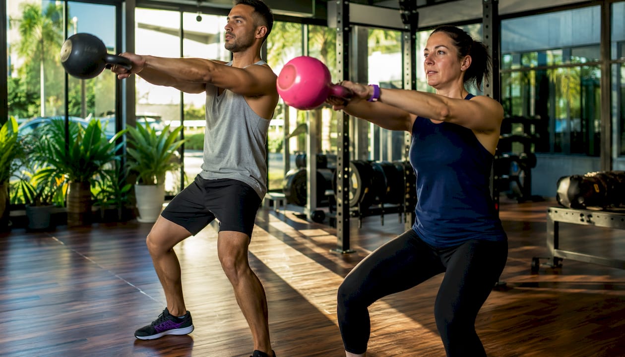 Trainer coaching client kettlebell swings