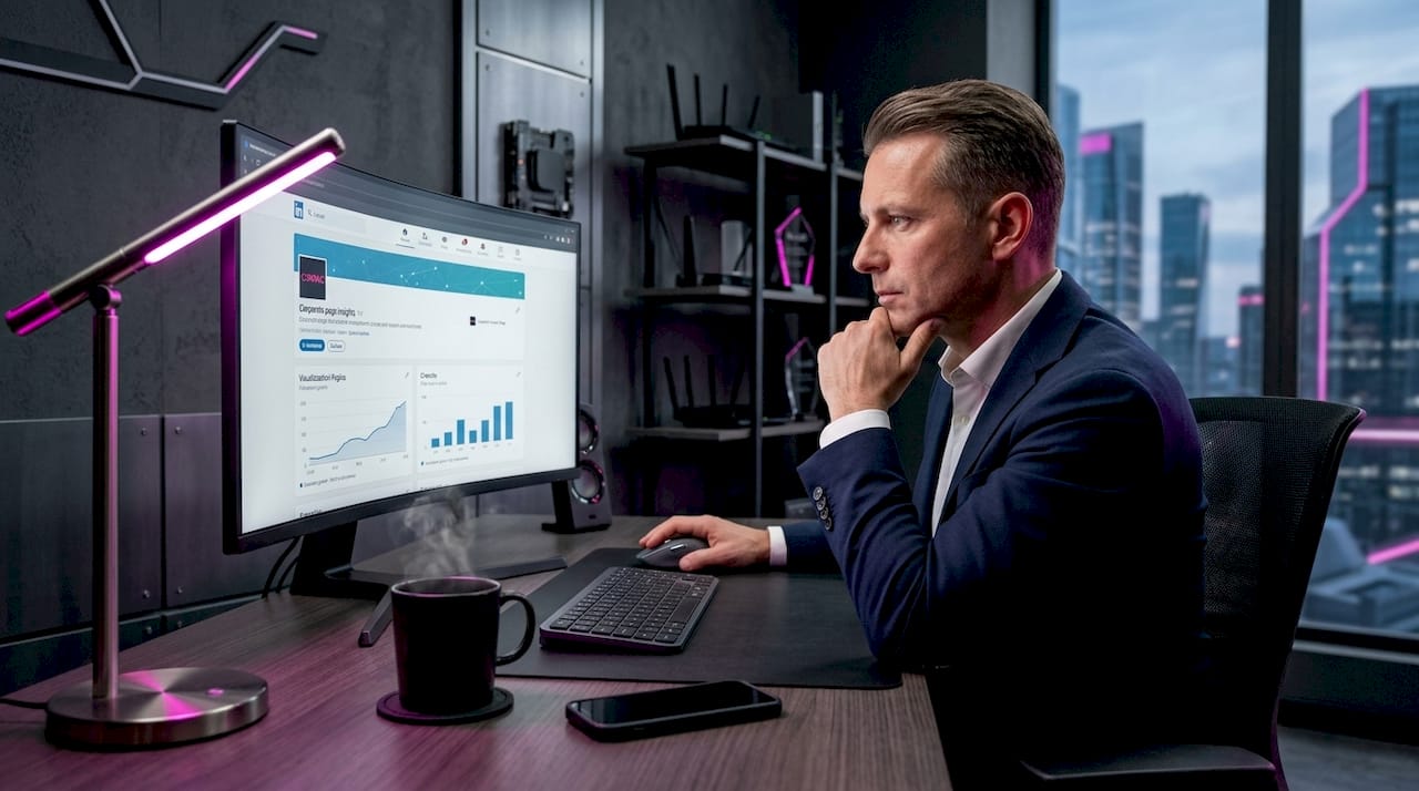 Il responsabile esamina i dati del profilo LinkedIn aziendale per valutare le performance e individuare nuove opportunità.